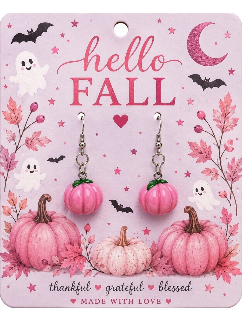 Hello Fall Pink Pumpkin Earrings - Thankful Grateful BlessedFun Jewelry Hallowee